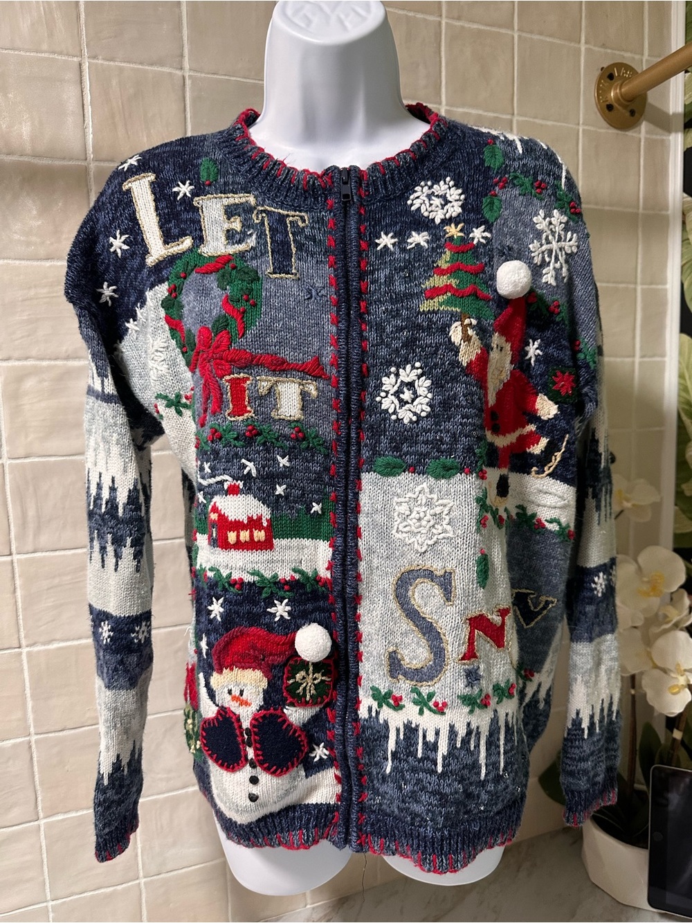 Vintage Tiara International "Let It Snow" Christmas cardigan sweater. Size S
